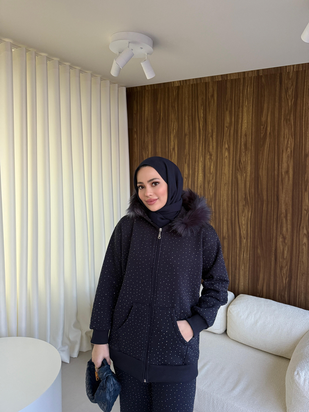 Üç İplik Taşlı Kürklü Takım Lacivert 