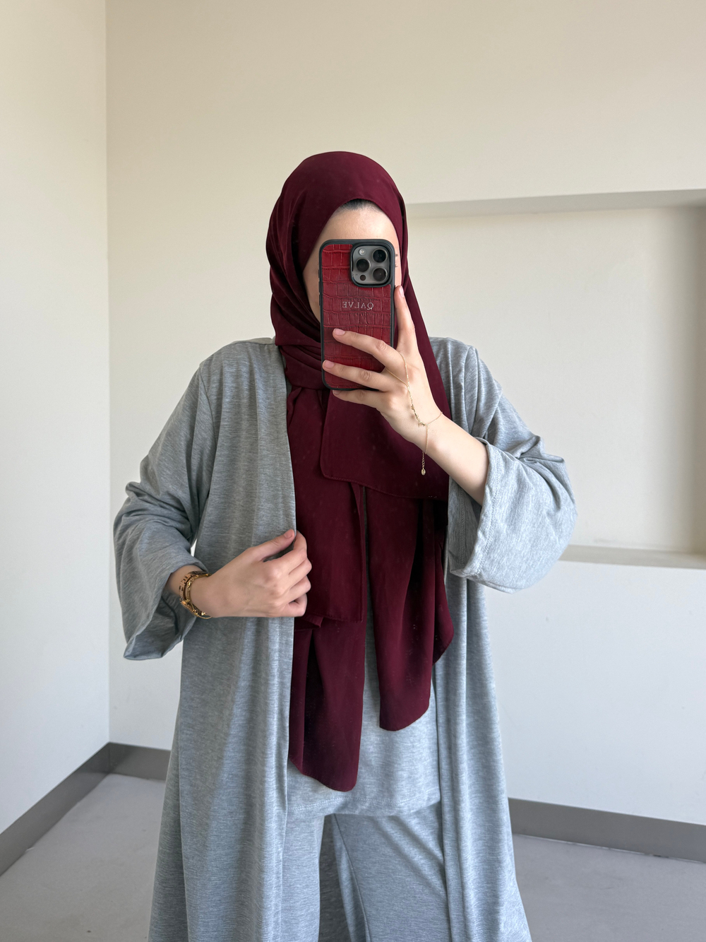 Uzun Kimono Detaylı Üçlü Takım Gri