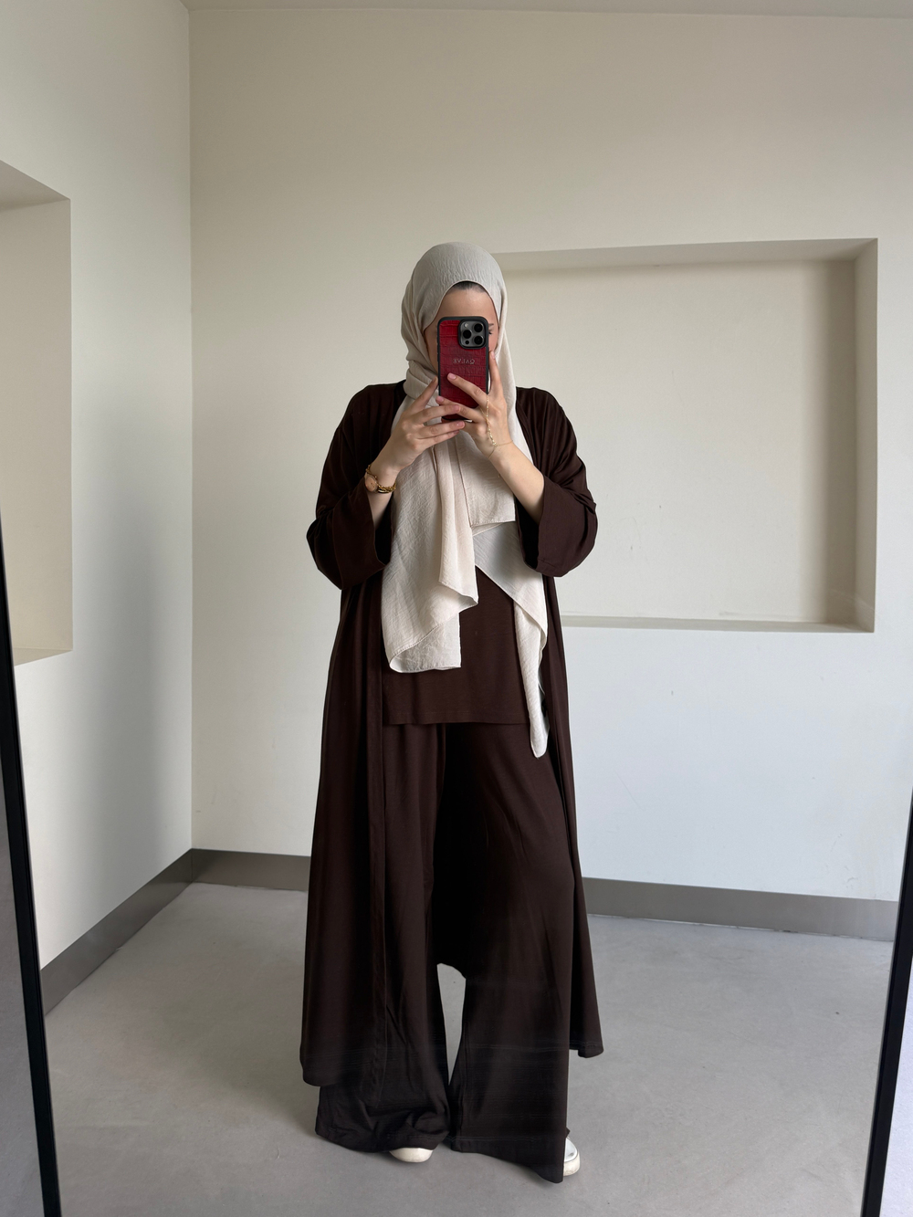 Uzun Kimono Detaylı Üçlü Takım Kahverengi