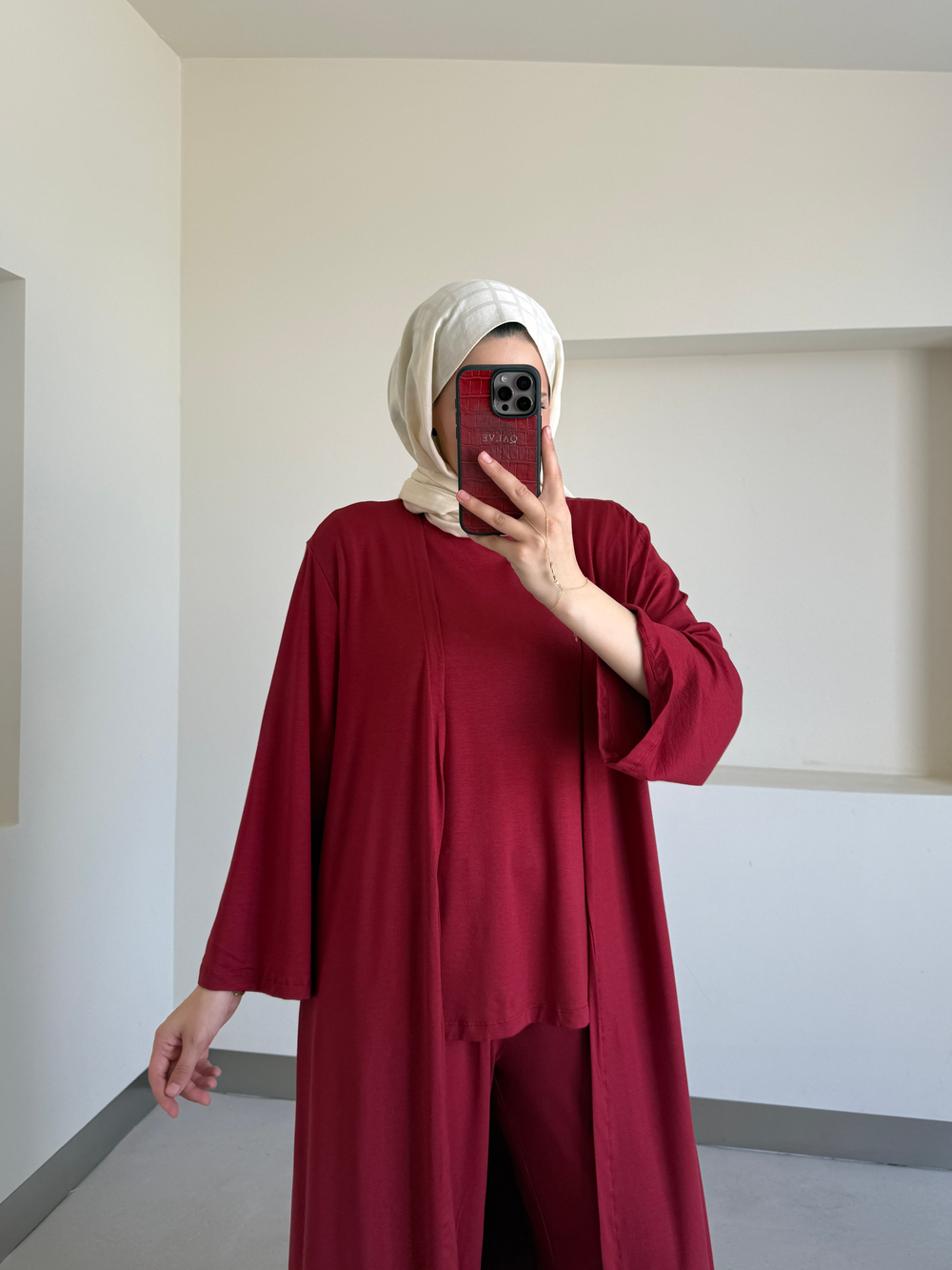 Uzun Kimono Detaylı Üçlü Takım Kırmızı