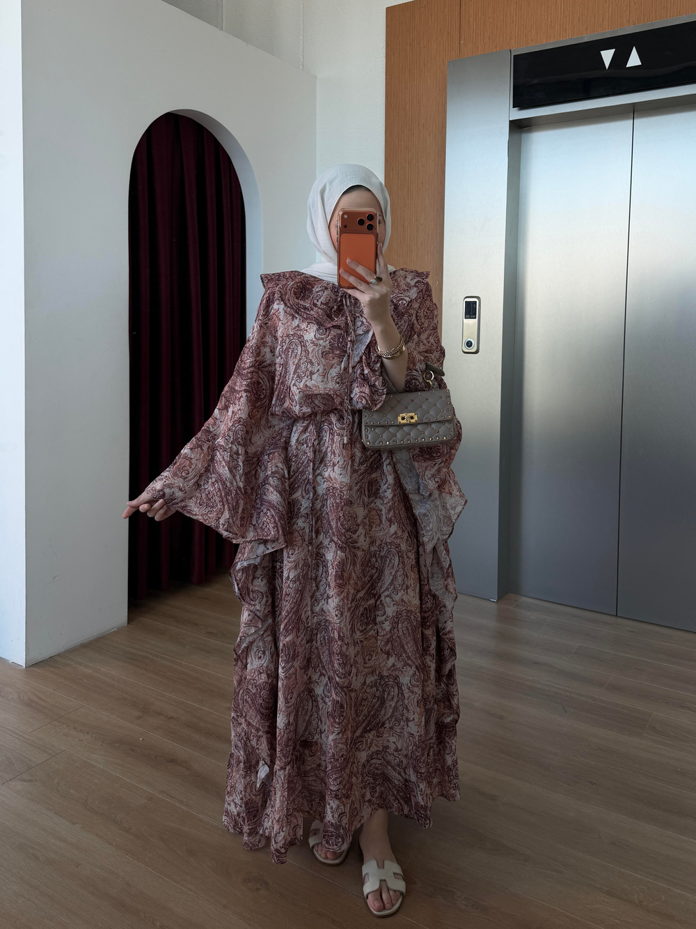 Yarasa Kol Desenli Şifon Elbise Gül Kurusu