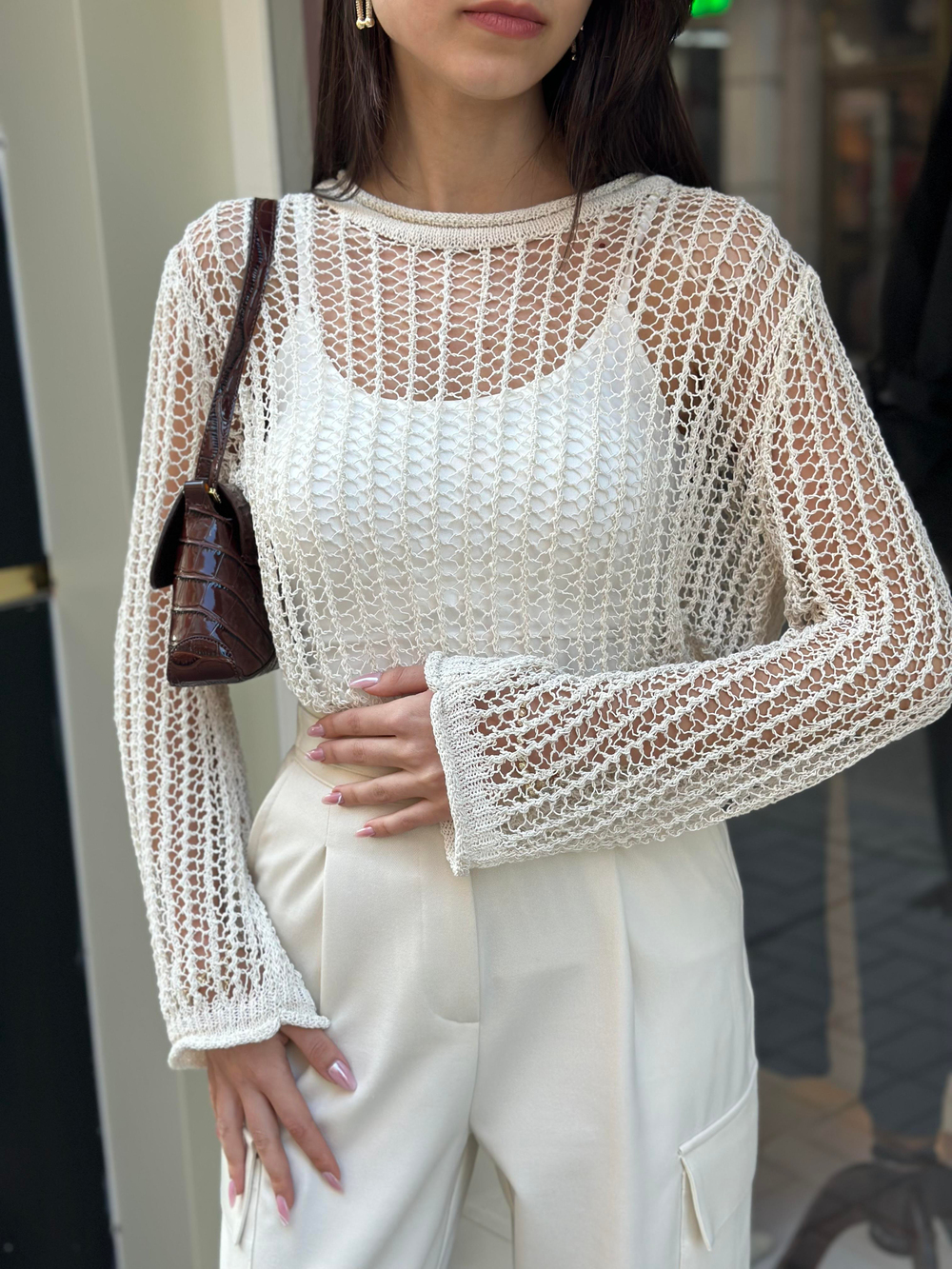 Ajurlu Triko Bluz - Ekru