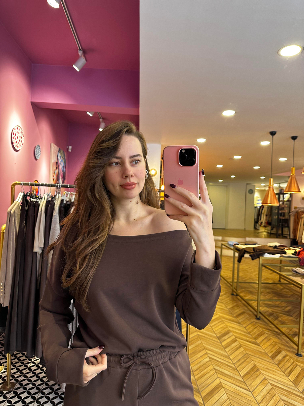 Modal Kumaş Kayık Yaka Sweat / Pantolon Takım