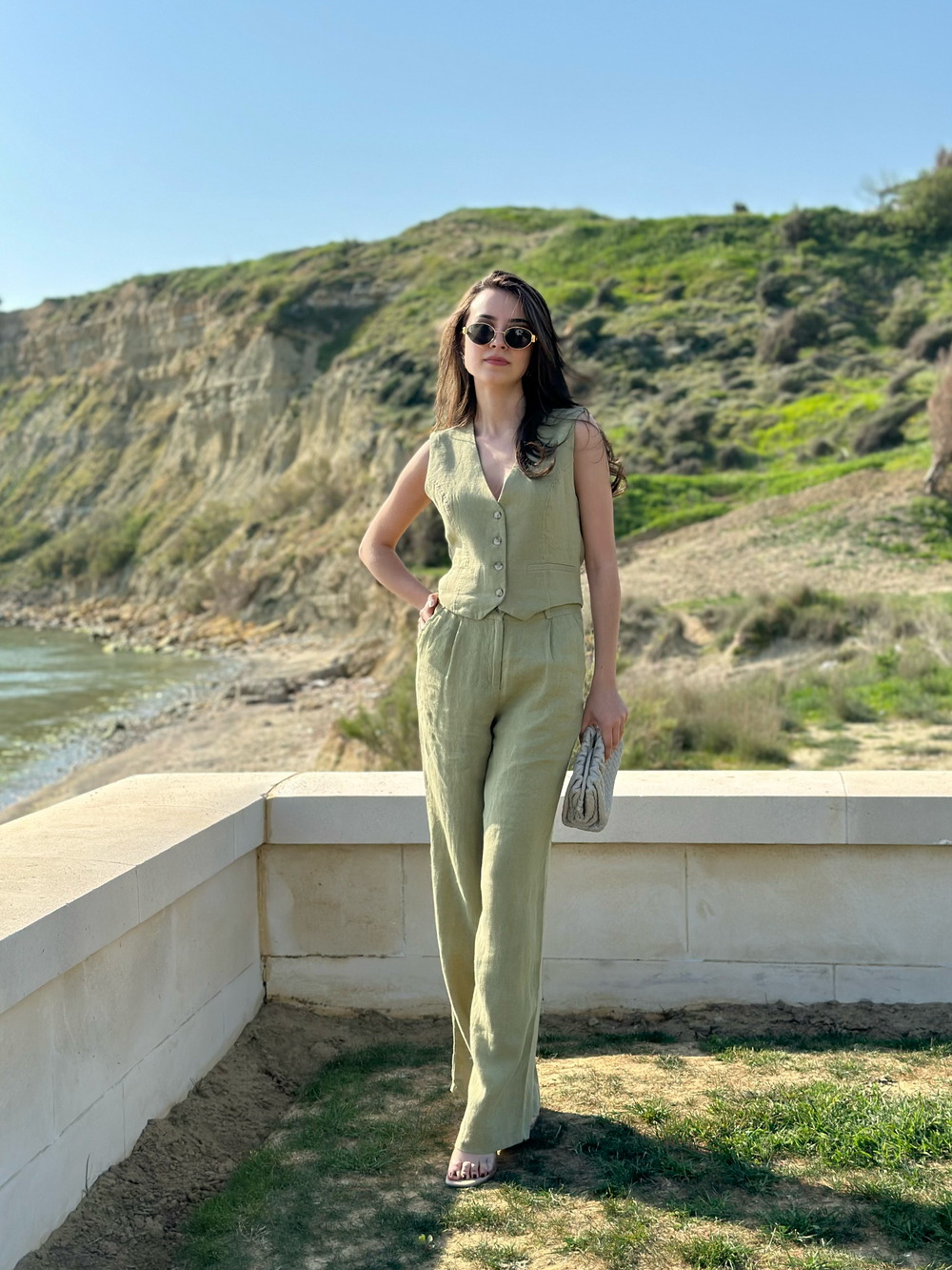 Premium Seri Keten Palazzo Pantolon - Yeşil