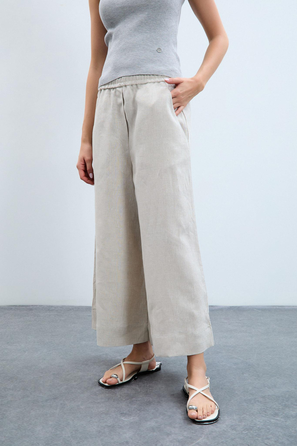 100% Linen Flared Trousers 10K3578NATURAL