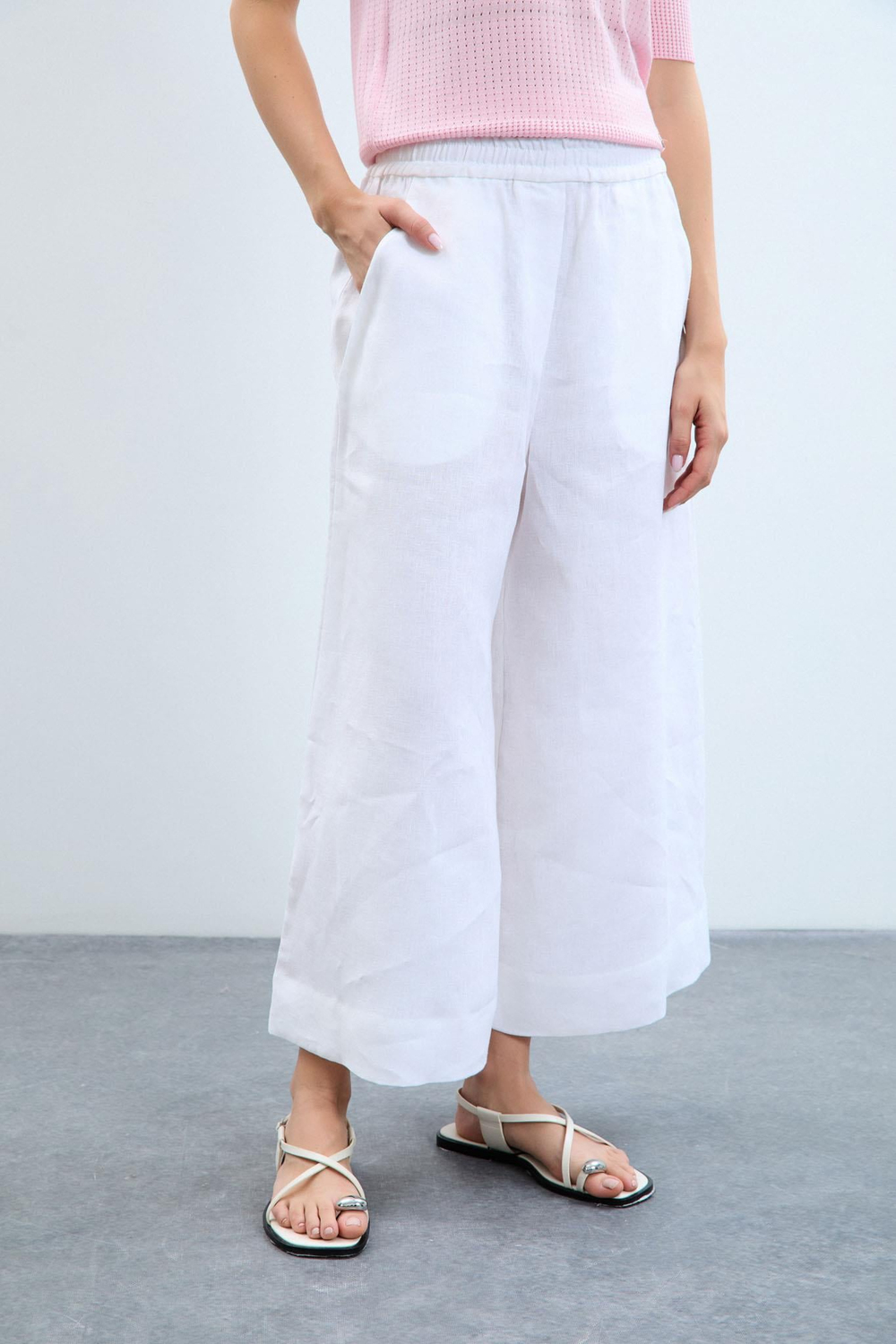 100% Linen Flared Trousers 10K3578BEYAZ