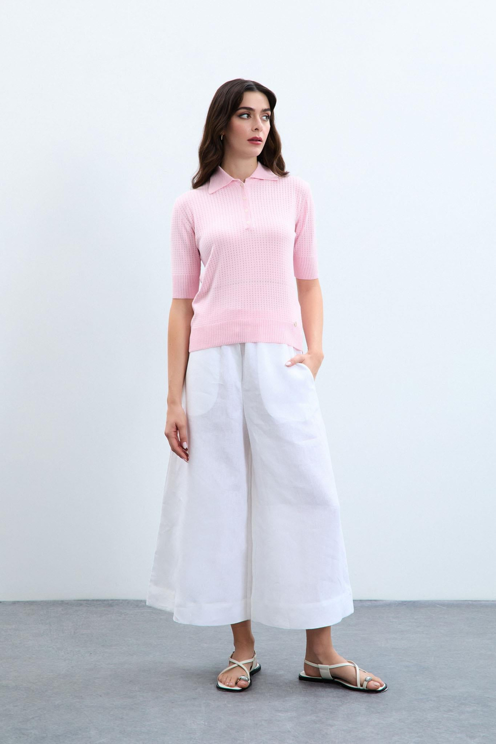 100% Linen Flared Trousers 10K3578BEYAZ