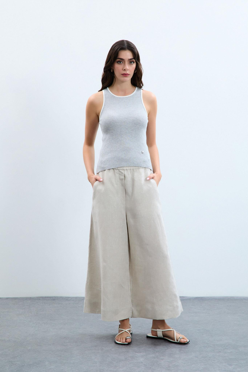 100% Linen Flared Trousers 10K3578NATURAL