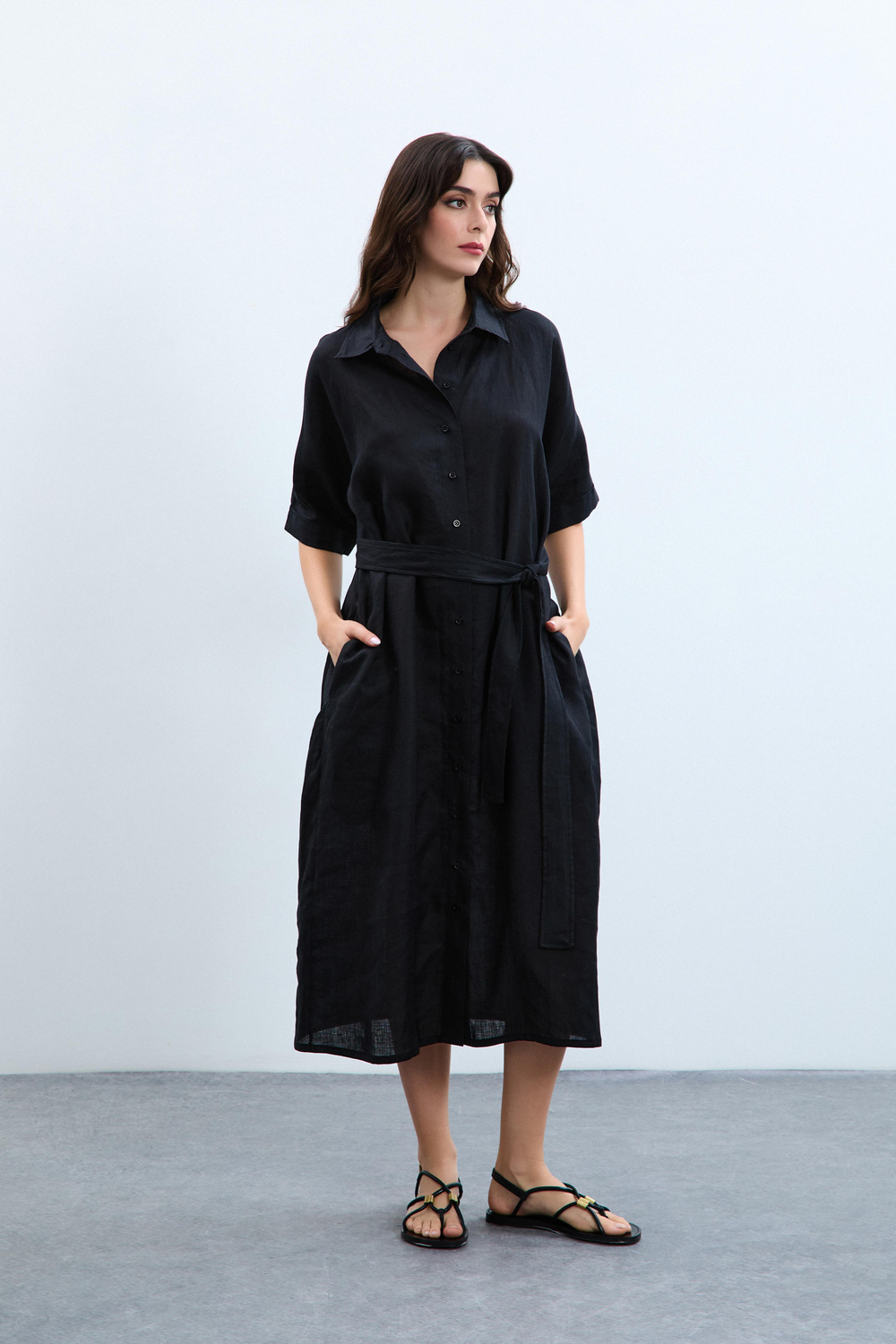 100% Linen Polo Collar Oversize Dress 10K3586SIYAH