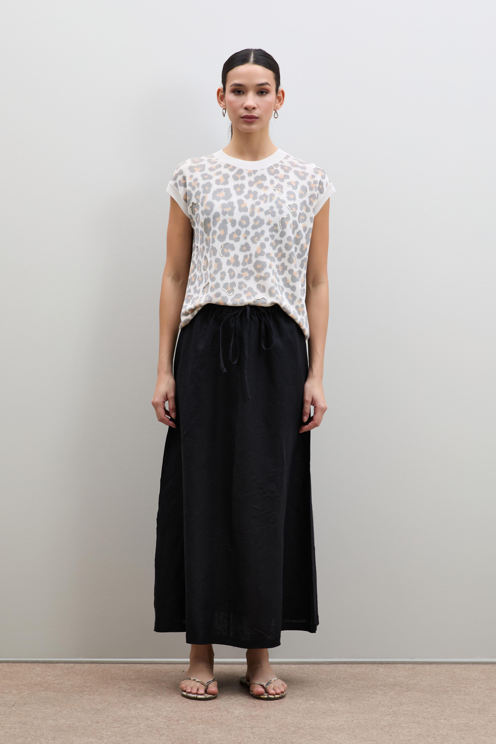 %100 Keten Midi Etek 10K3618SIYAH