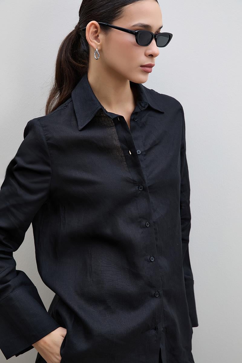%100 Keten Oversize Gömlek 10K3602SIYAH