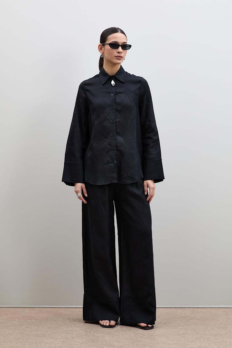%100 Keten Oversize Gömlek 10K3602SIYAH