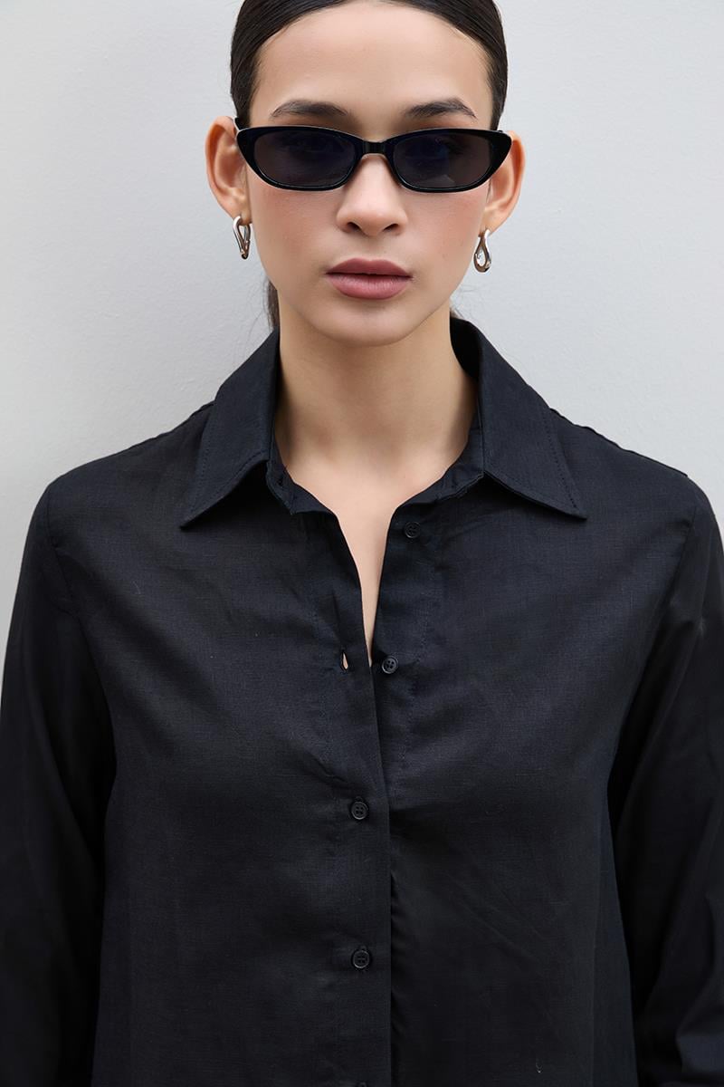 %100 Keten Oversize Gömlek 10K3602SIYAH