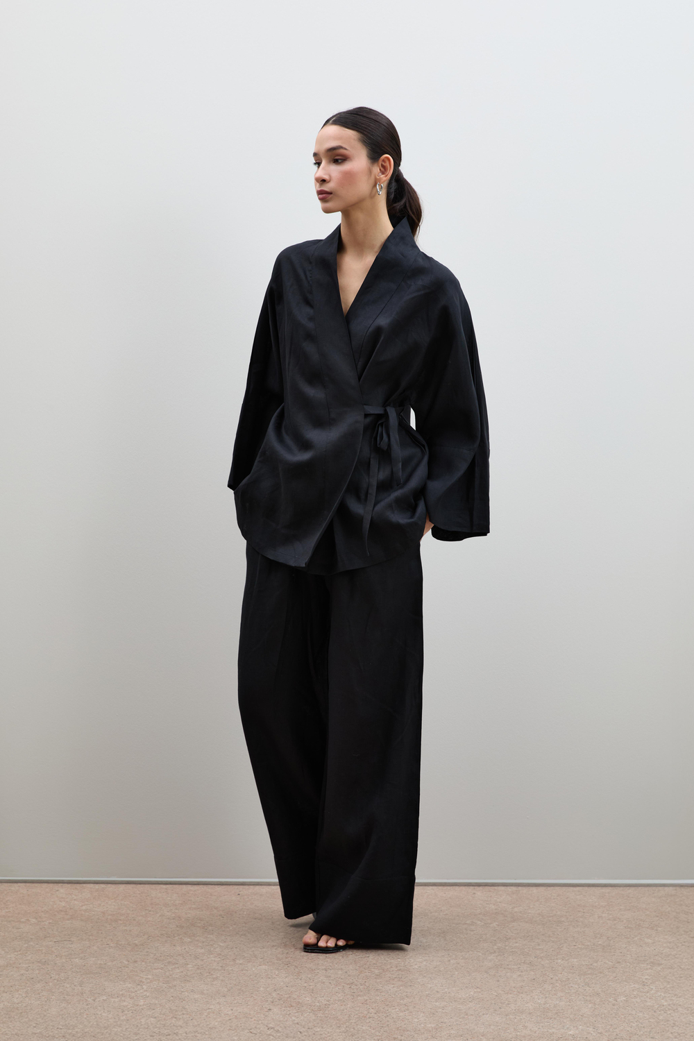 %100 Keten Oversize Kimono 10K3610SIYAH