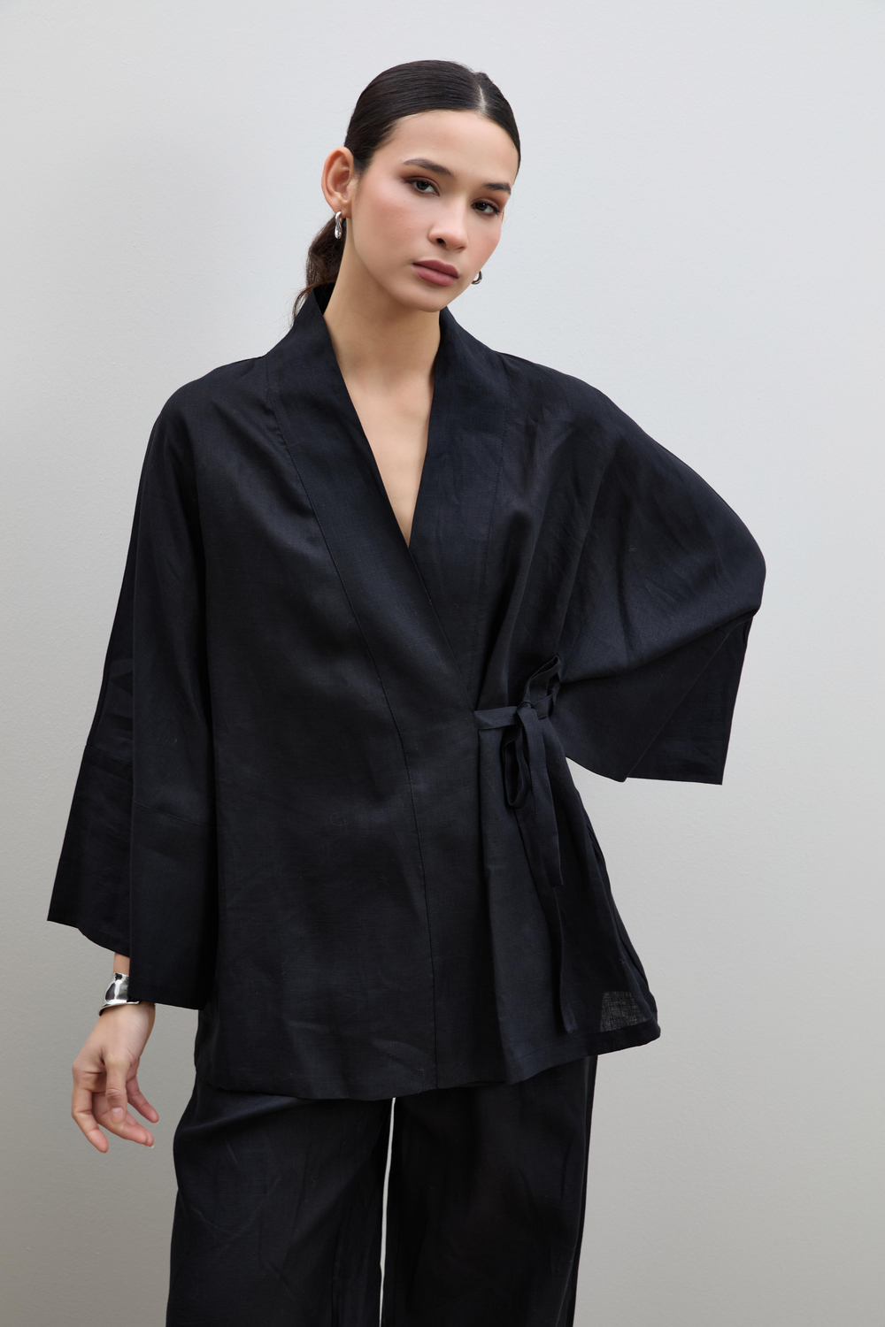 %100 Keten Oversize Kimono 10K3610SIYAH