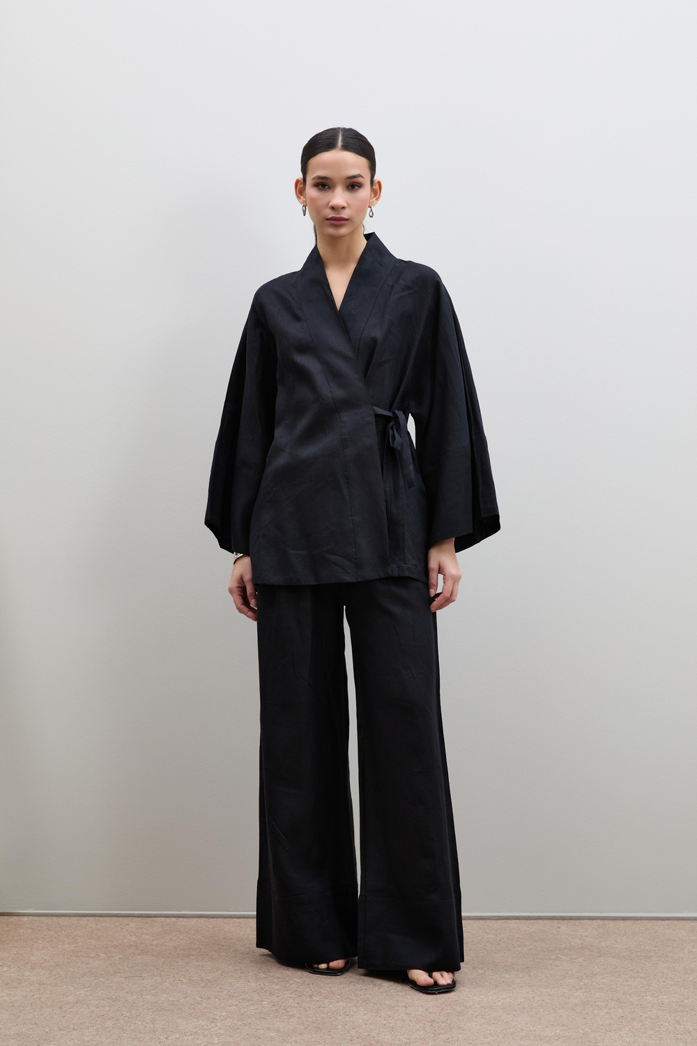 %100 Keten Oversize Kimono 10K3610SIYAH