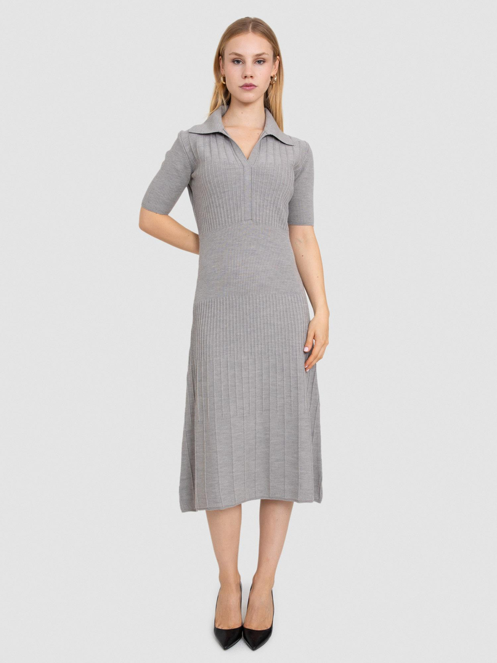 100% Organic Wool Ribbed Knit Dress ELB8670GRI MELANJ