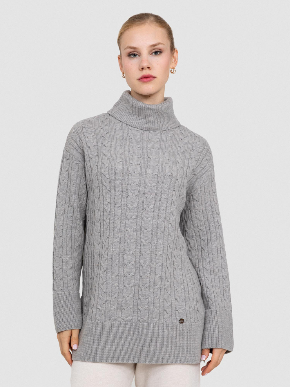 100% Organic Wool Cable-Knit High Neck Sweater KZK8590GRI