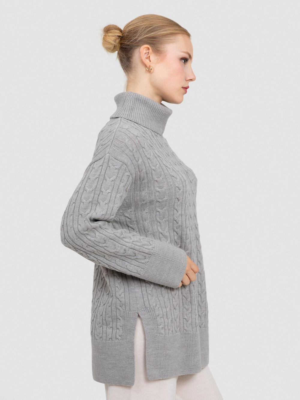 100% Organic Wool Cable-Knit High Neck Sweater KZK8590GRI