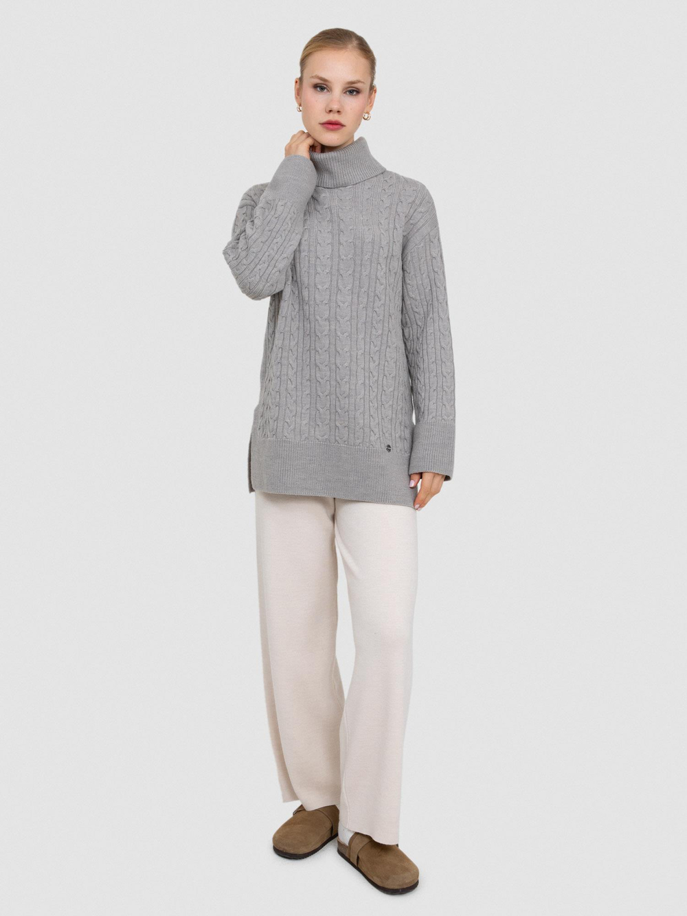 100% Organic Wool Cable-Knit High Neck Sweater KZK8590GRI