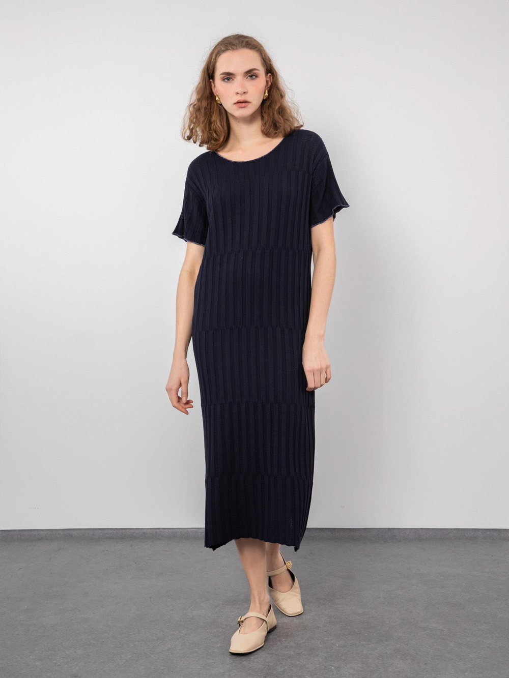 Ribbed Knit Midi Dress ELB9396LACIVERT