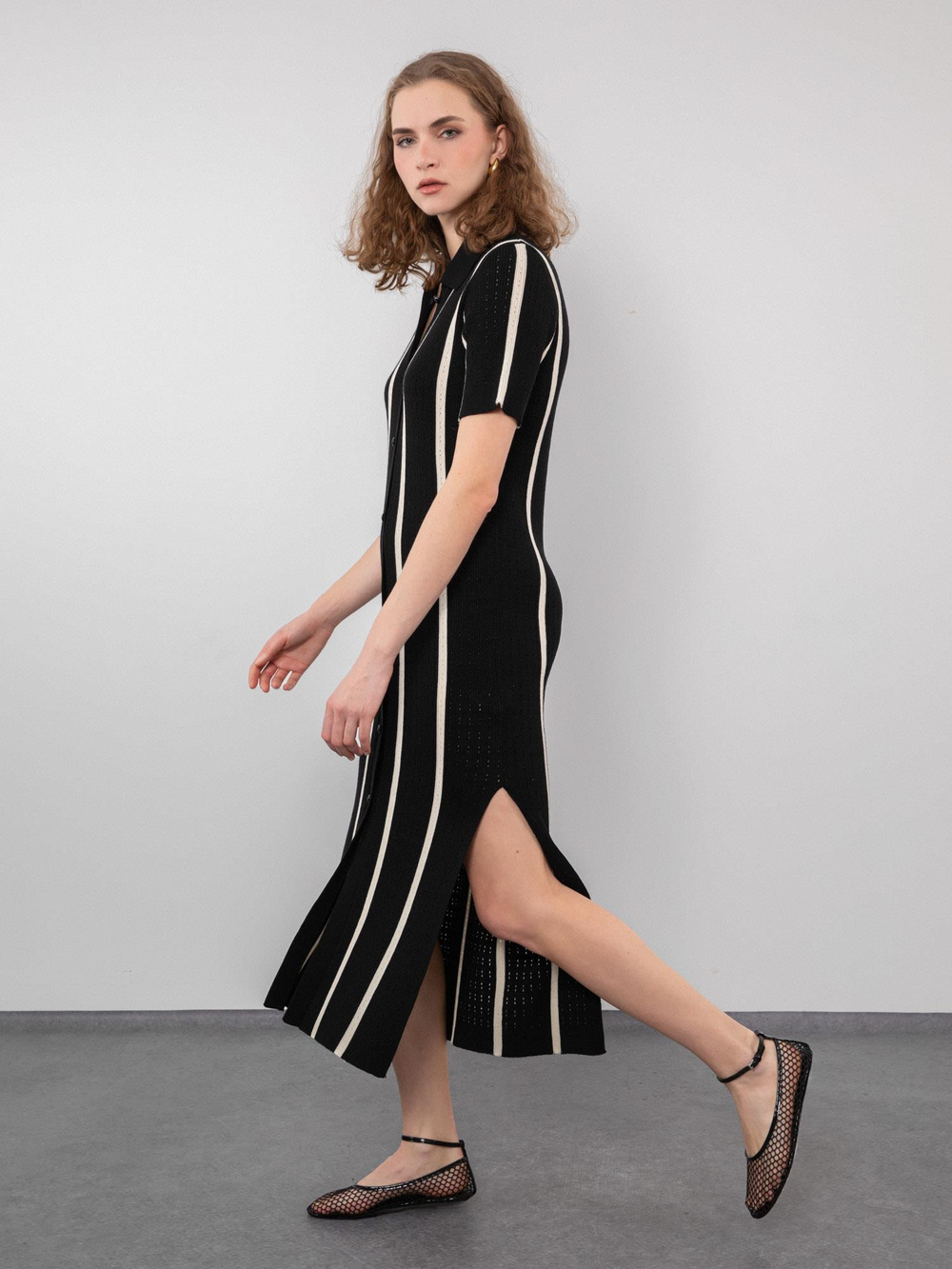 Polo Collar Open-Knit Dress with Contrast Stripe and Button Detail ELB9388SIYAH
