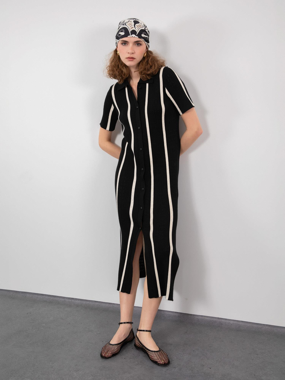 Polo Collar Open-Knit Dress with Contrast Stripe and Button Detail ELB9388SIYAH
