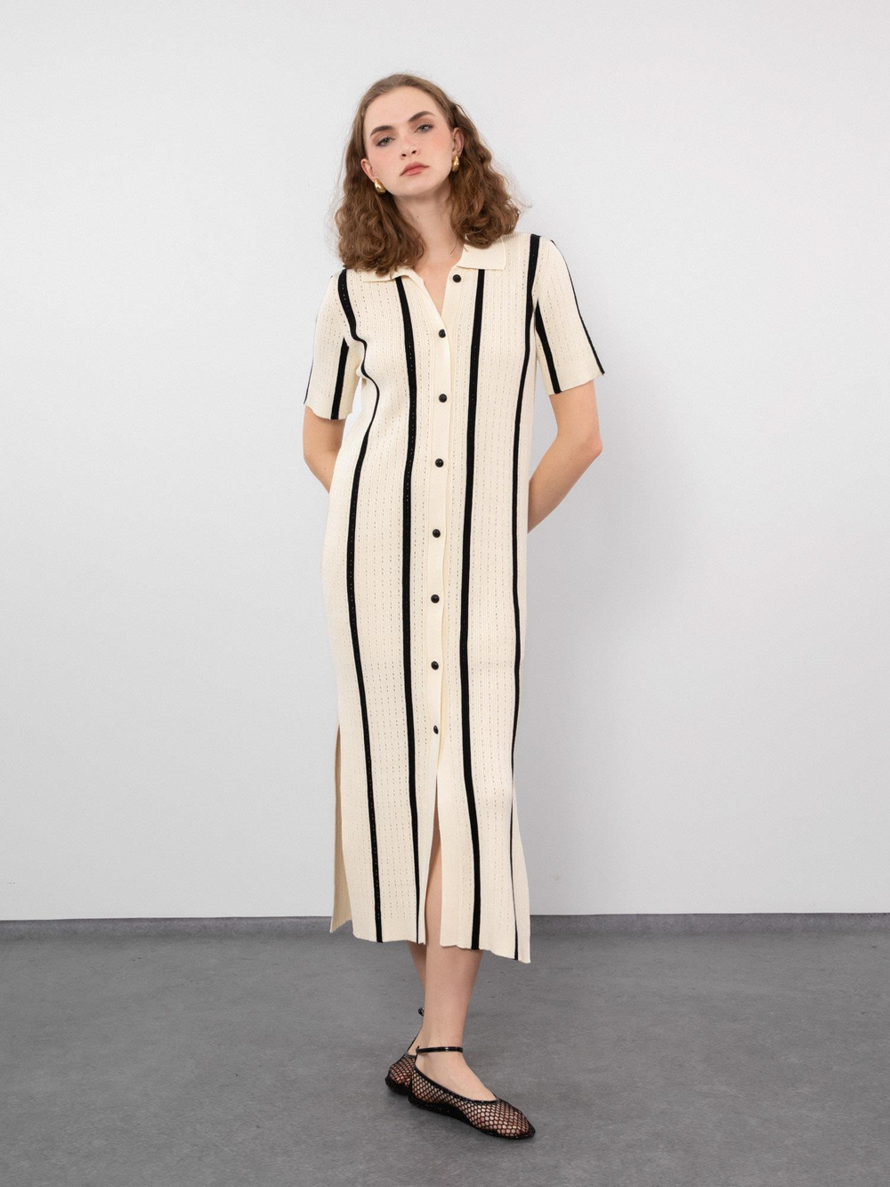Polo Collar Open-Knit Dress with Contrast Stripe and Button Detail ELB9388KEMIK