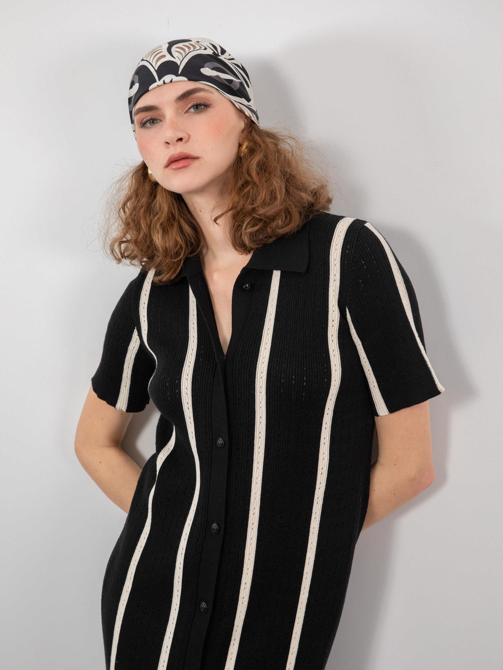 Polo Collar Open-Knit Dress with Contrast Stripe and Button Detail ELB9388SIYAH