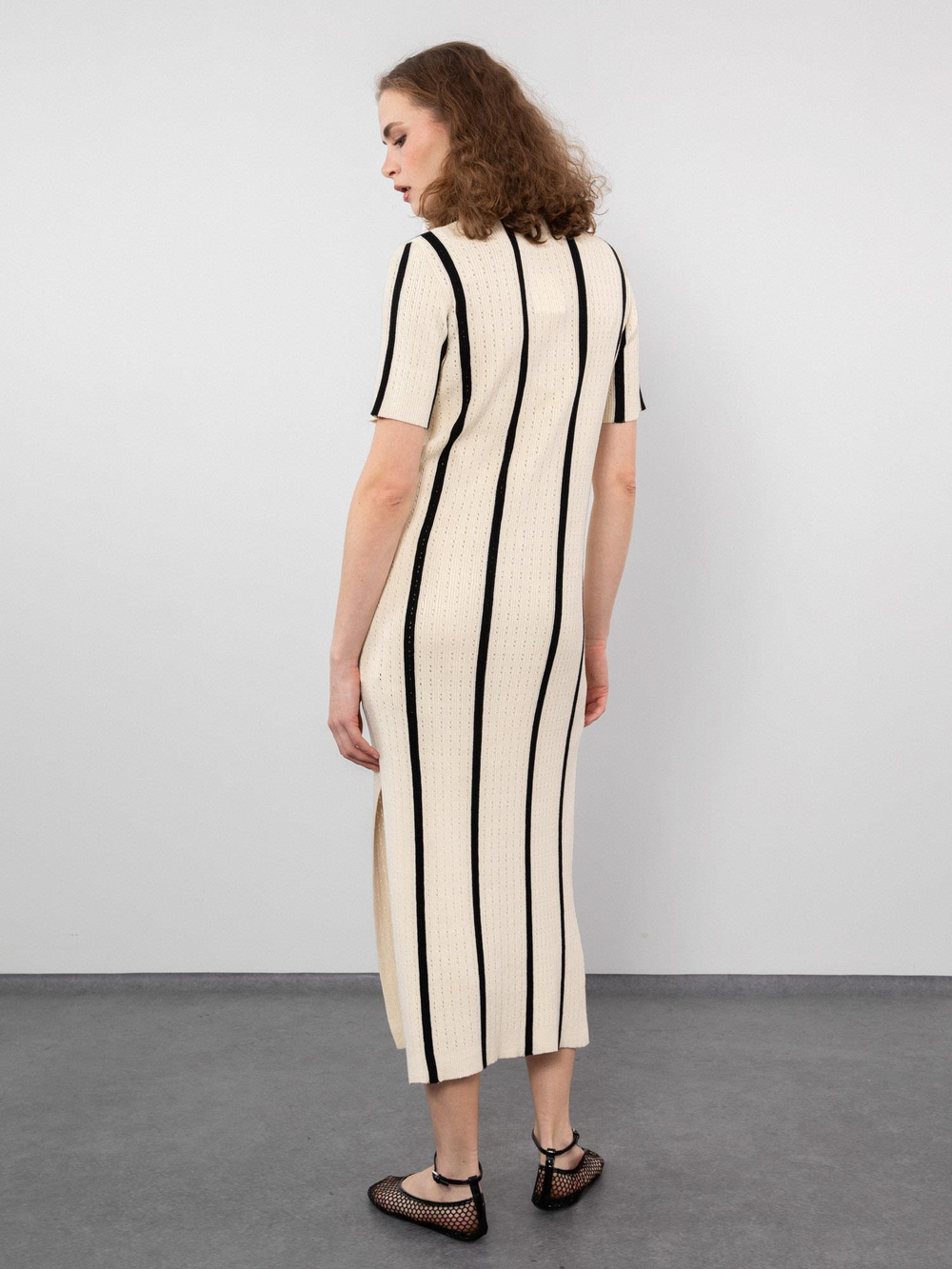 Polo Collar Open-Knit Dress with Contrast Stripe and Button Detail ELB9388KEMIK