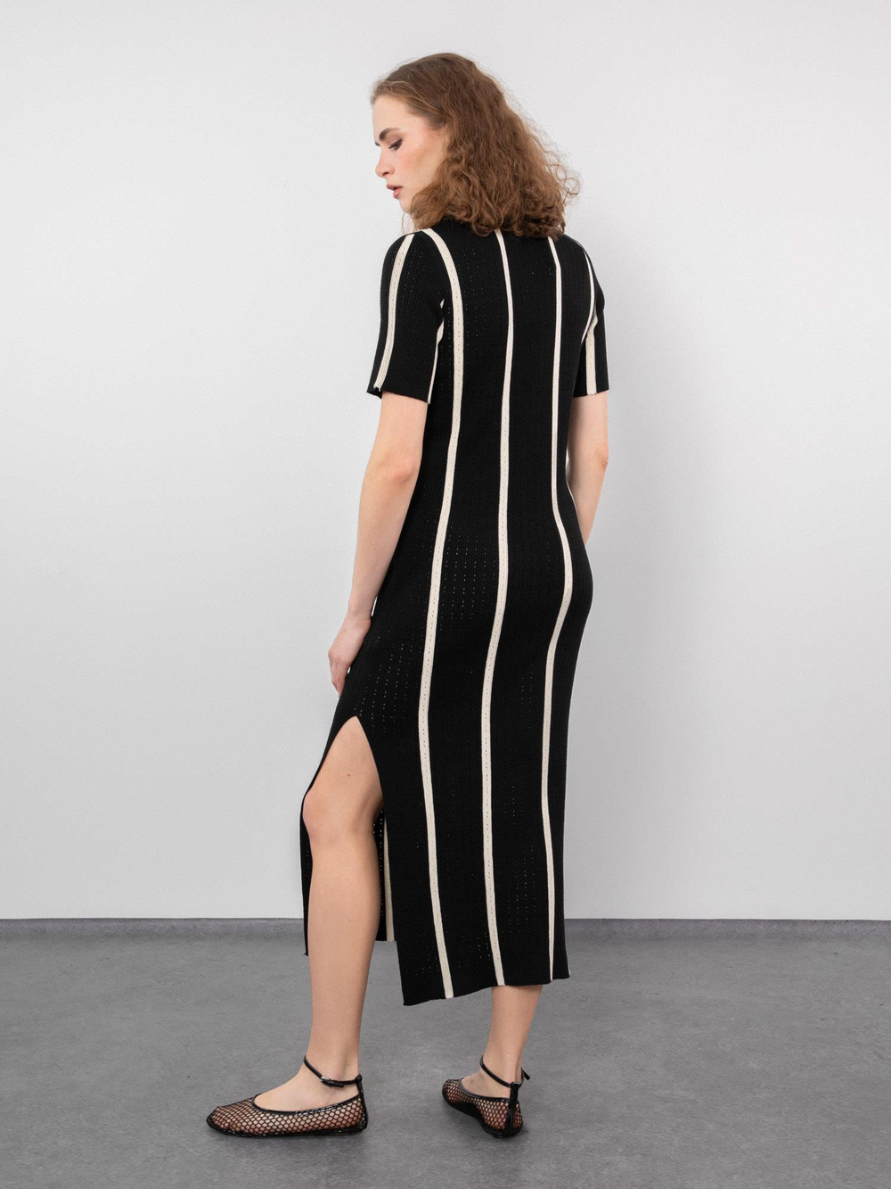 Polo Collar Open-Knit Dress with Contrast Stripe and Button Detail ELB9388SIYAH