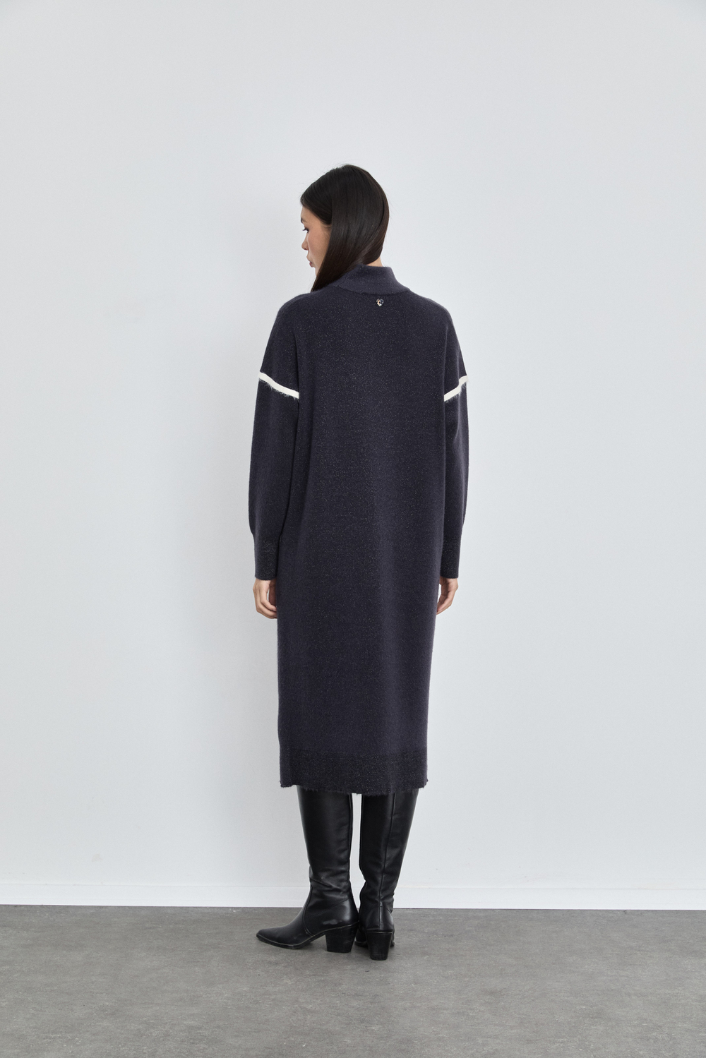 Merino Wool Blend High Neck Contrast Stripe Dress