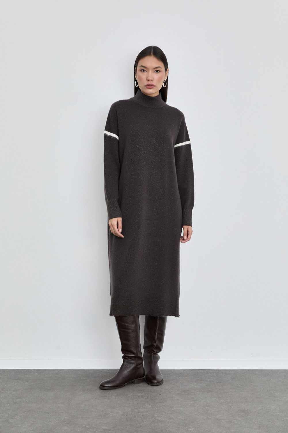 Merino Wool Blend High Neck Contrast Stripe Dress