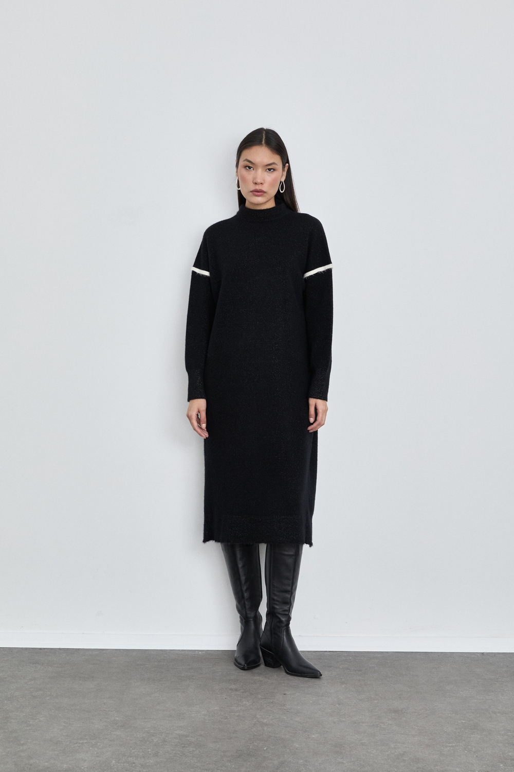 Merino Wool Blend High Neck Contrast Stripe Dress