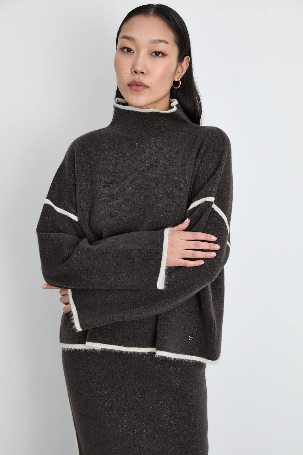 Merino Wool Blend High Neck Contrast Detail Sweater