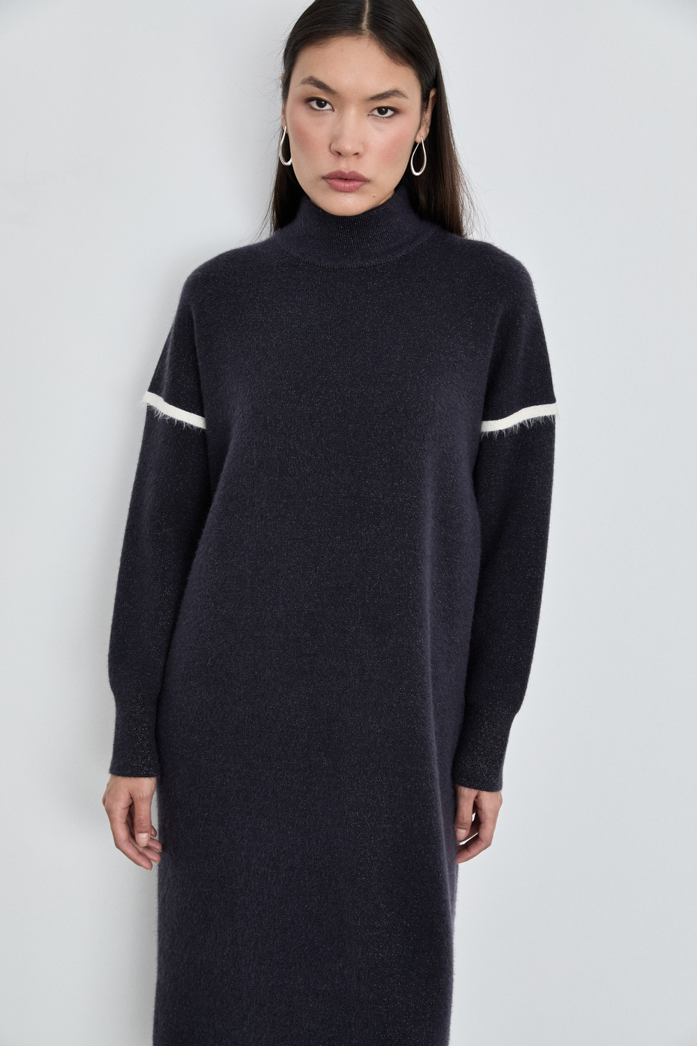 Merino Wool Blend High Neck Contrast Stripe Dress