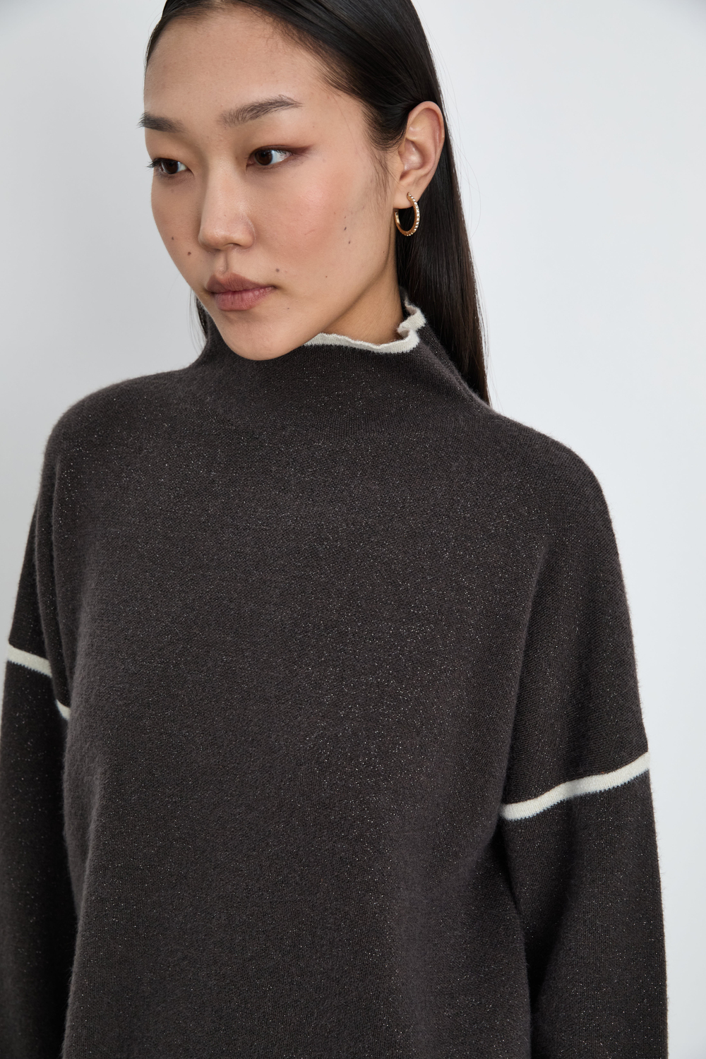 Merino Wool Blend High Neck Contrast Detail Sweater