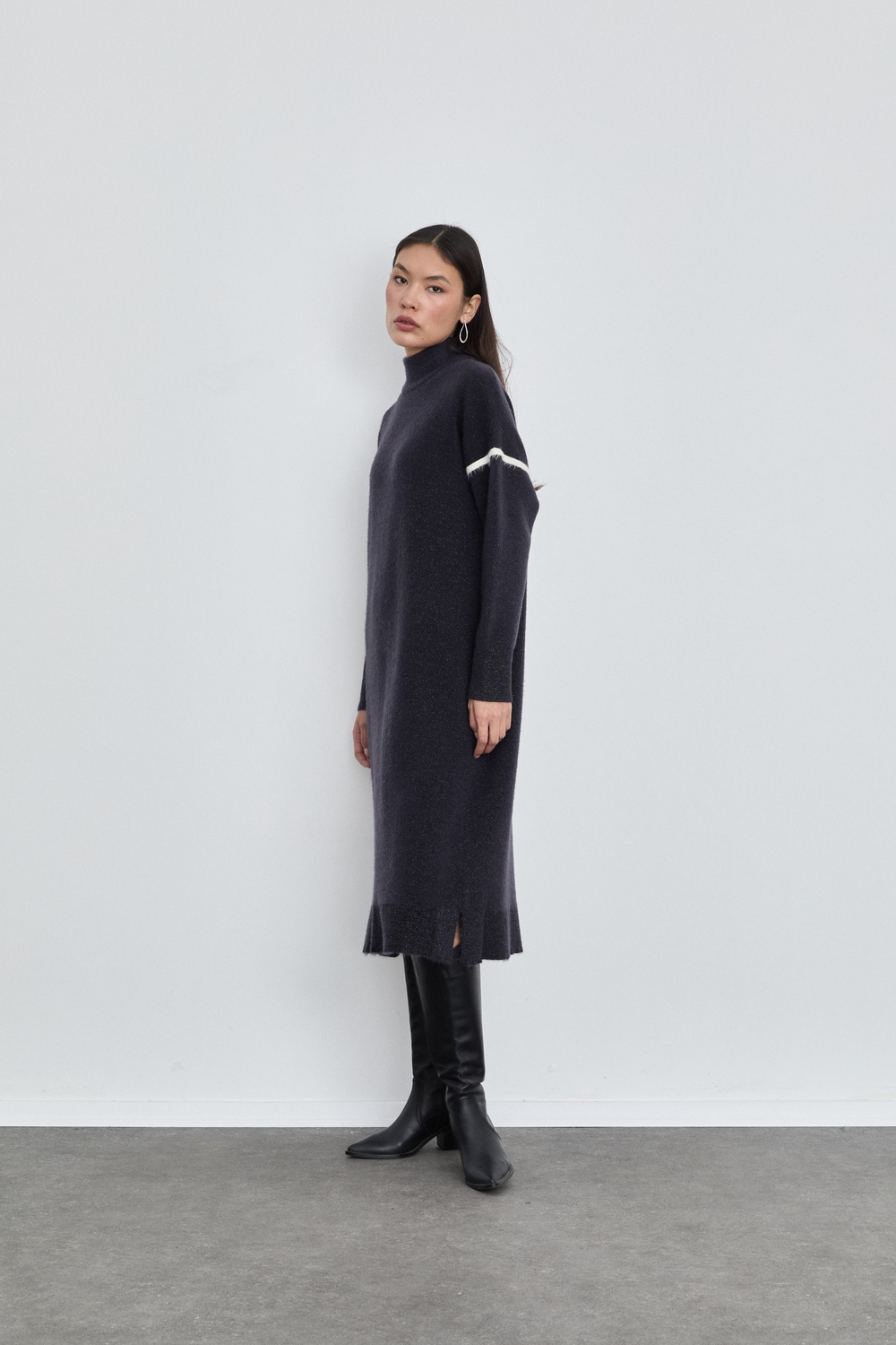 Merino Wool Blend High Neck Contrast Stripe Dress