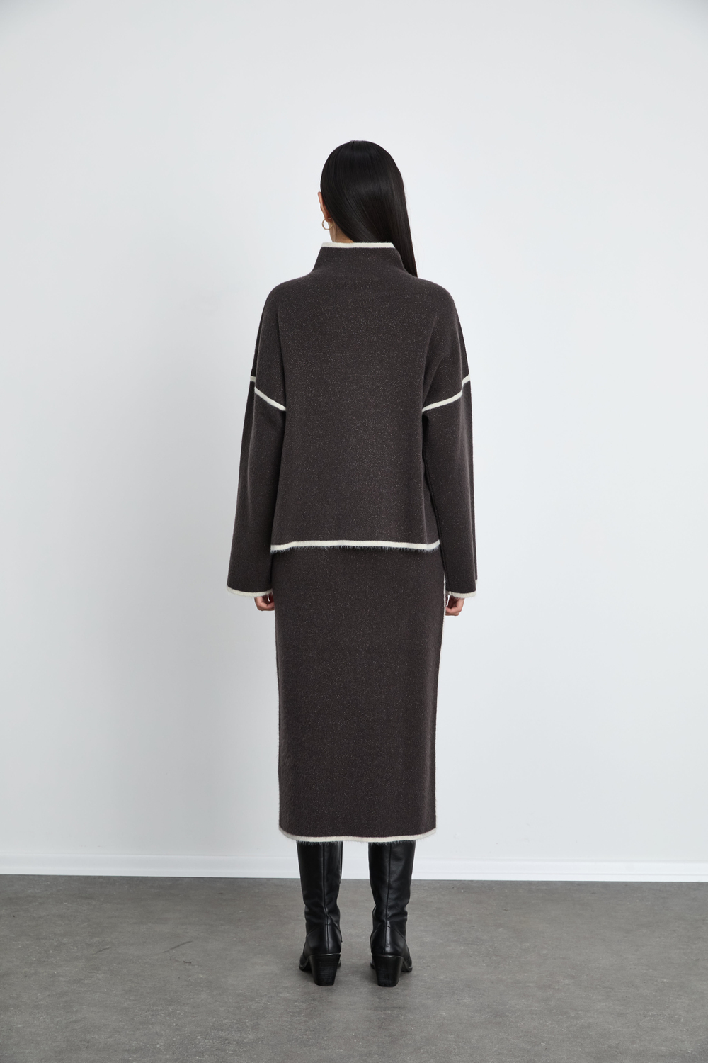Merino Wool Blend High Neck Contrast Detail Sweater