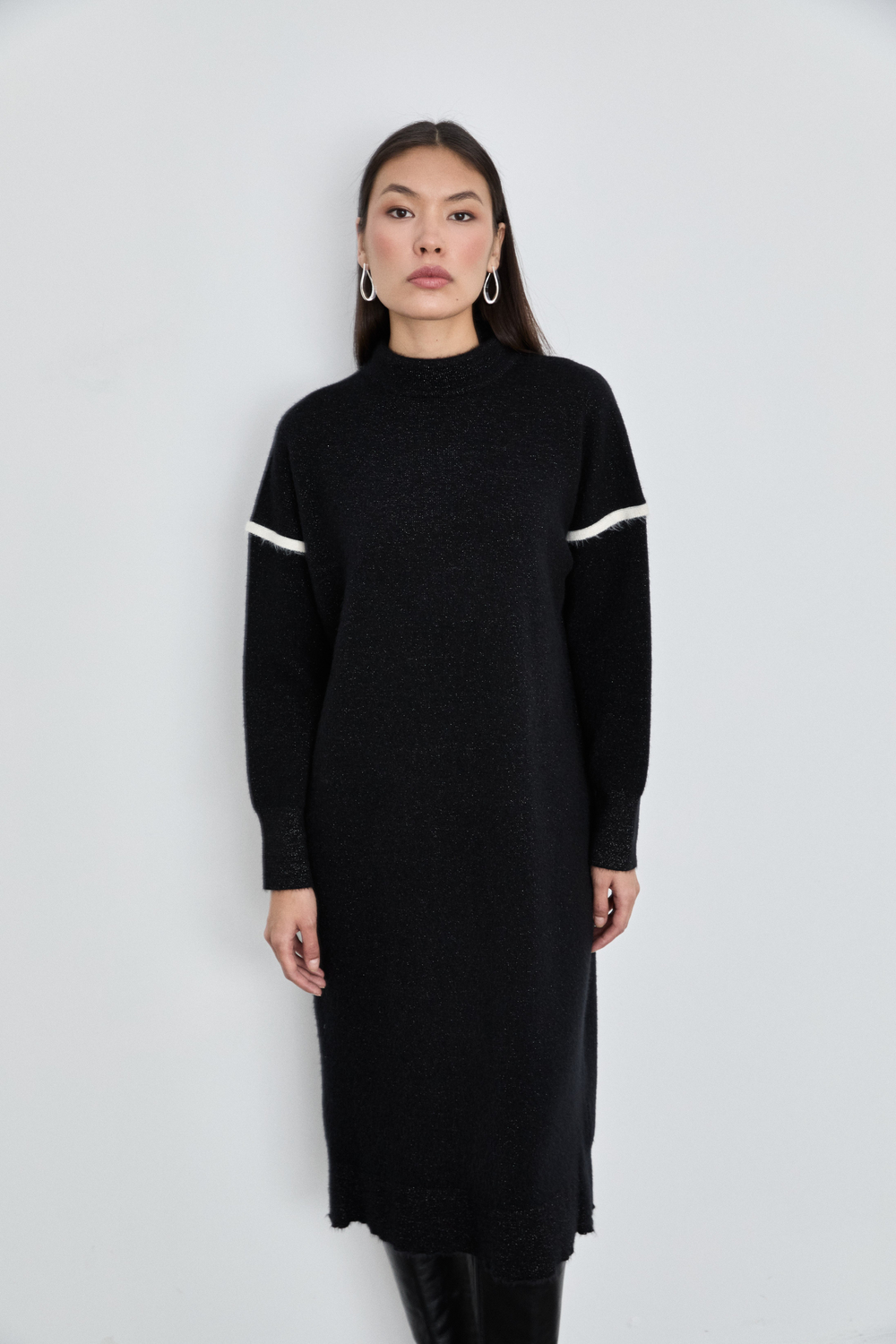 Merino Wool Blend High Neck Contrast Stripe Dress
