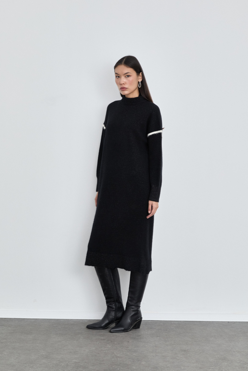 Merino Wool Blend High Neck Contrast Stripe Dress