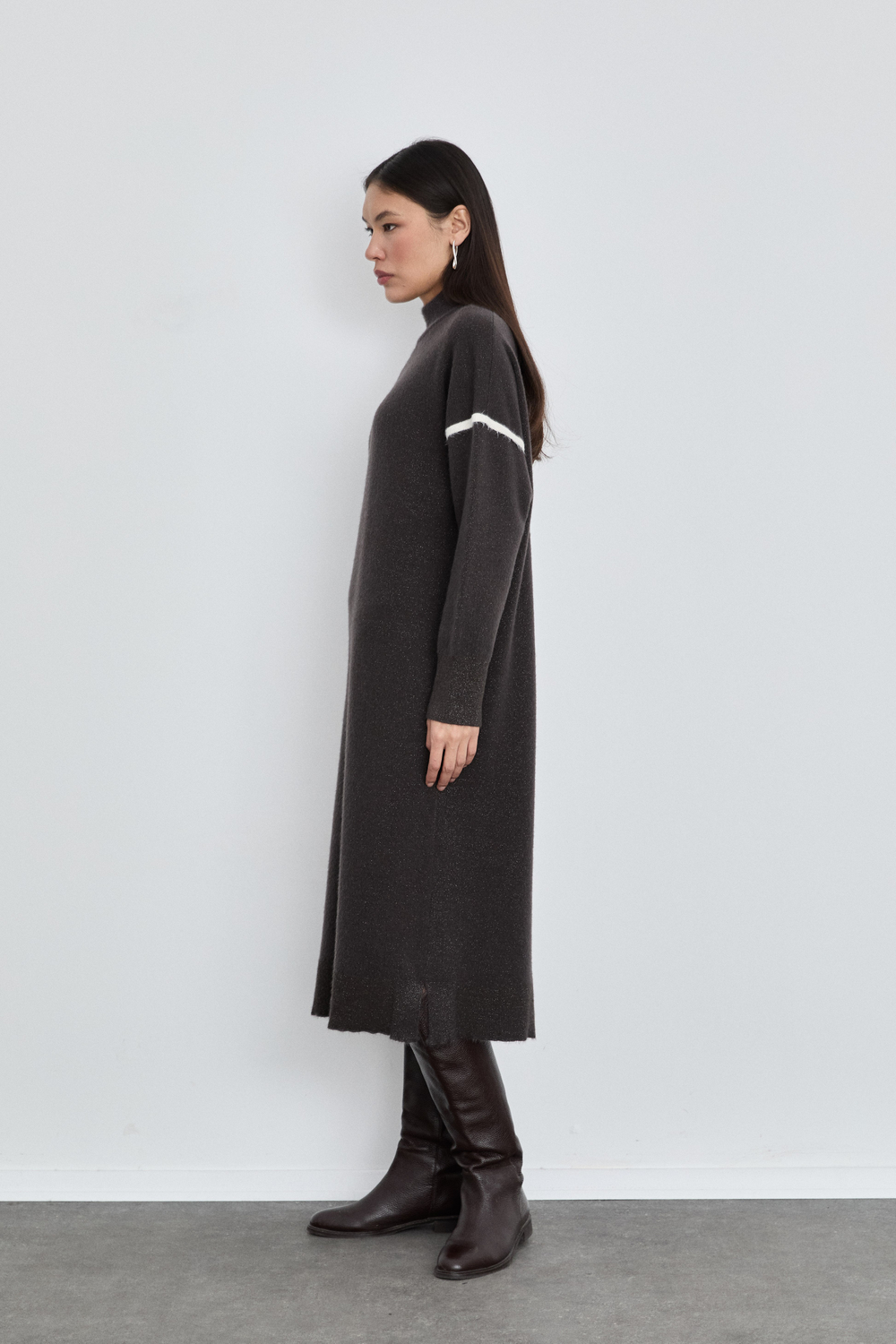 Merino Wool Blend High Neck Contrast Stripe Dress