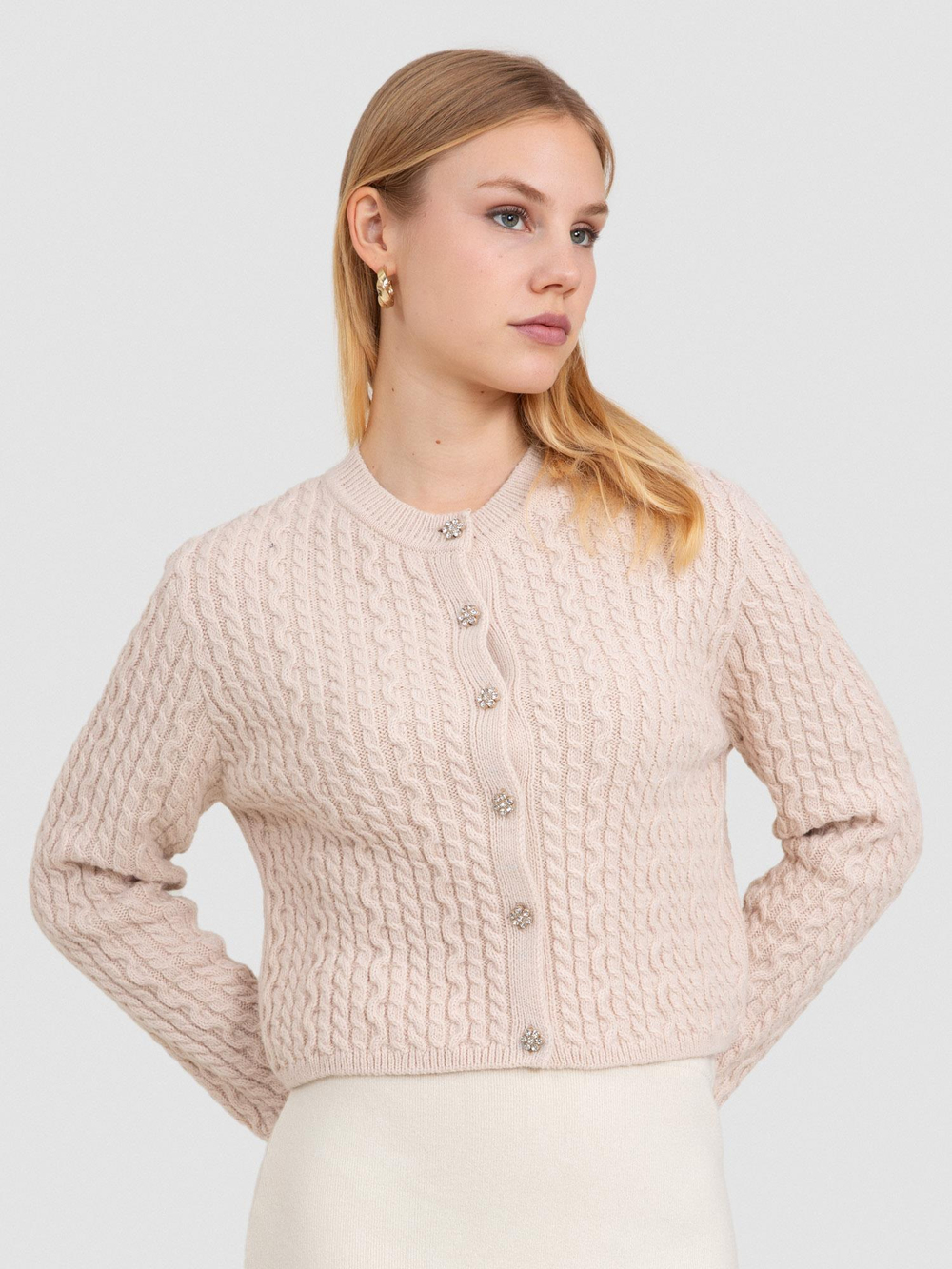 Cable-Knit Cardigan with Button Detail HRK8160BEJ