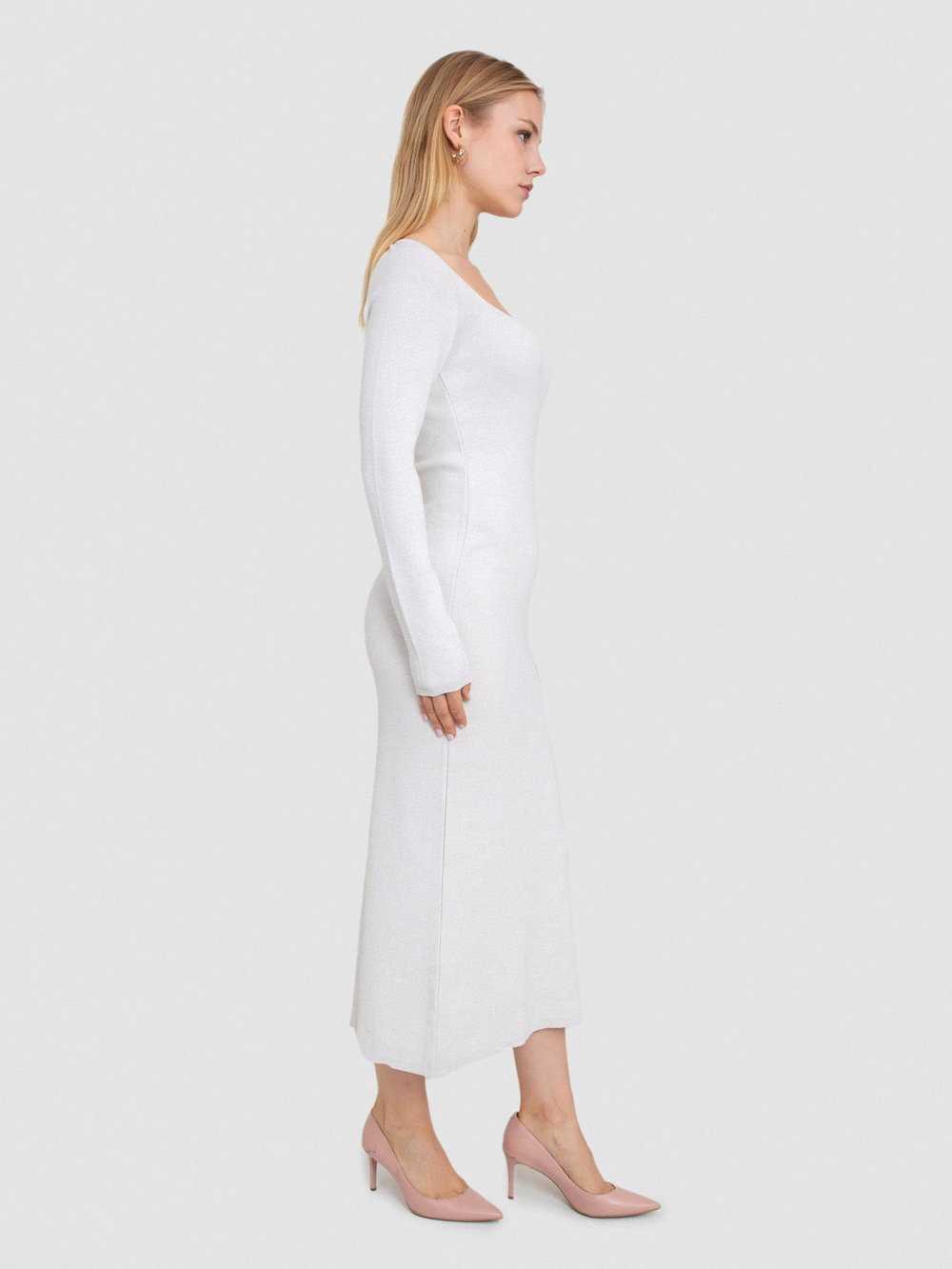 Square-Neck Fitted Dress with Metallic Thread ELB7260KEMIK