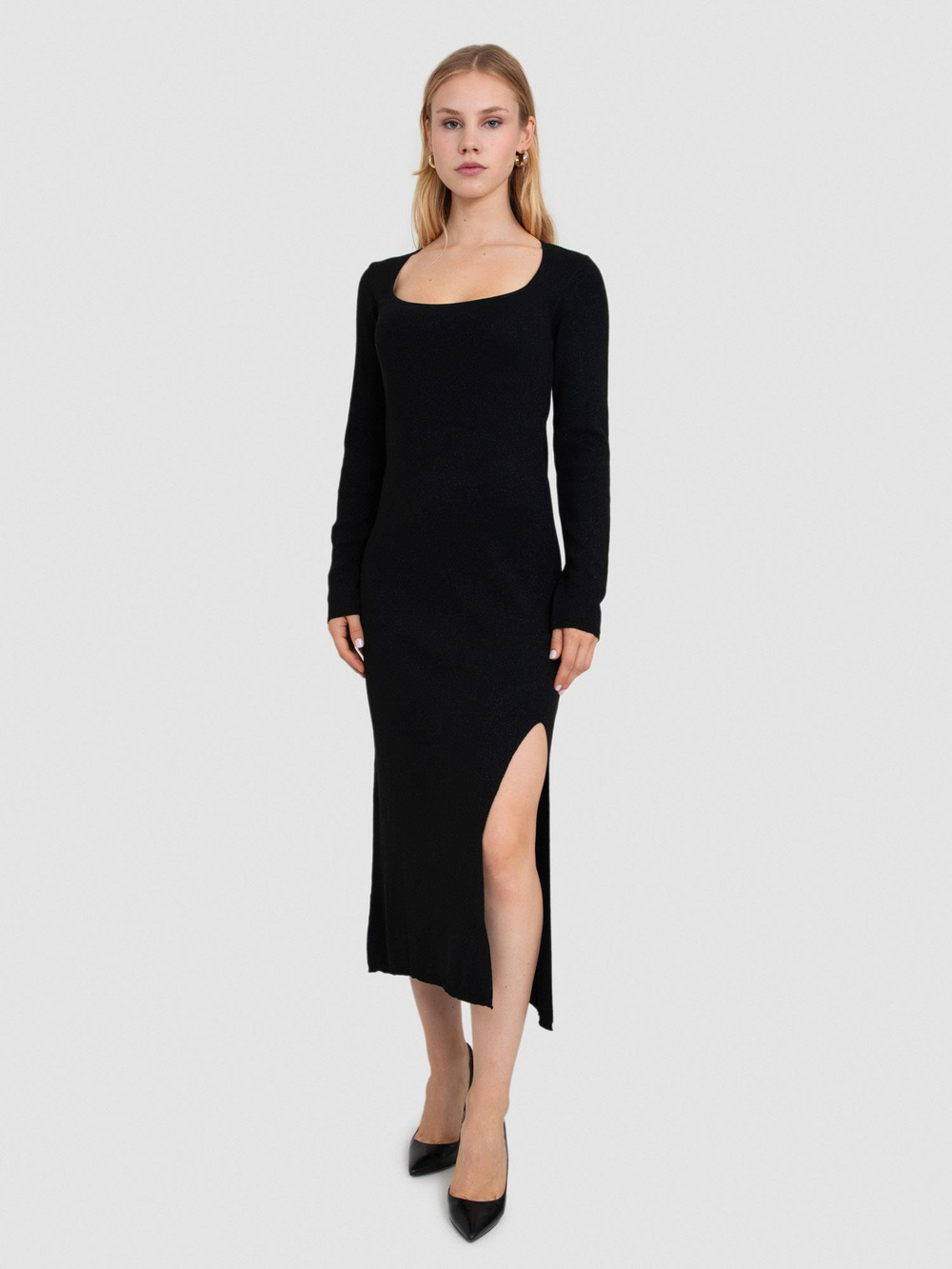 Square-Neck Fitted Dress with Metallic Thread ELB7260SIYAH