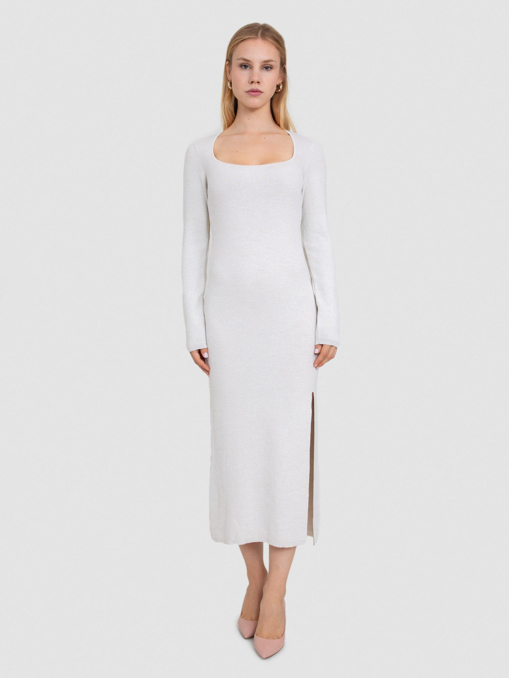 Square-Neck Fitted Dress with Metallic Thread ELB7260KEMIK