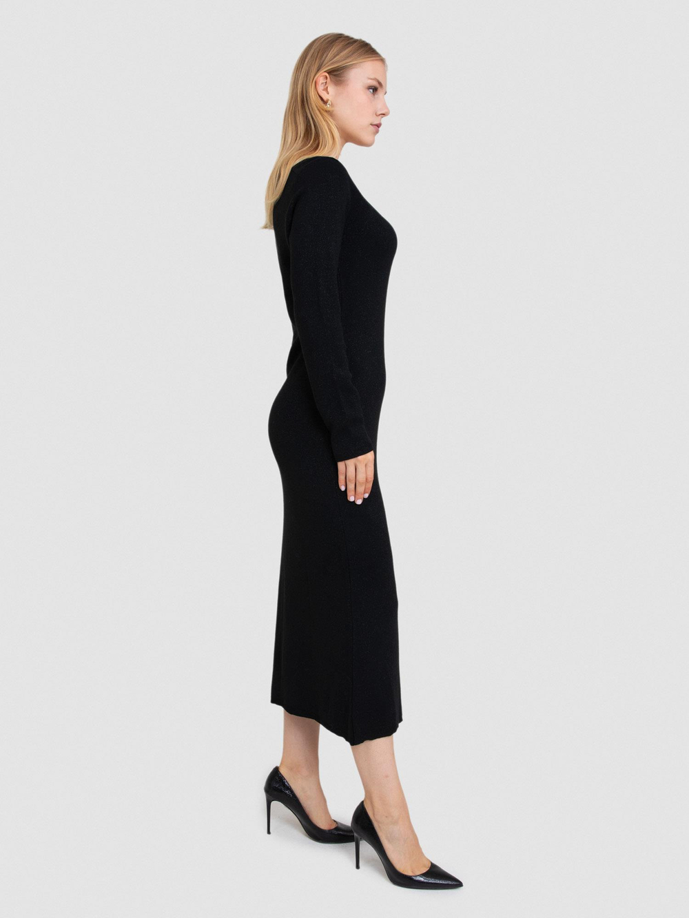 Square-Neck Fitted Dress with Metallic Thread ELB7260SIYAH
