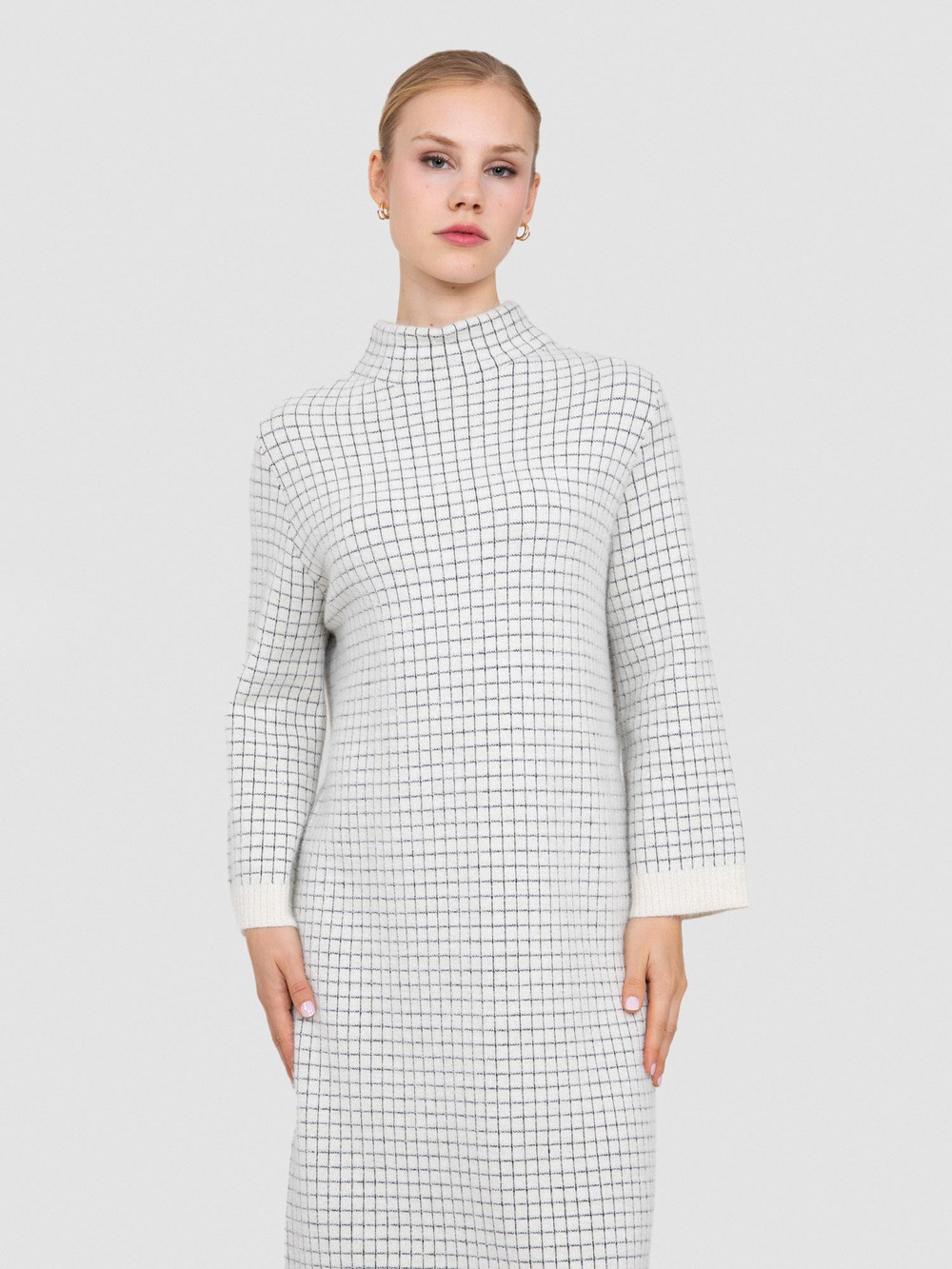 Square Pattern Brushed-Effect High Neck Dress with Metallic Thread ELB8462KEMIK