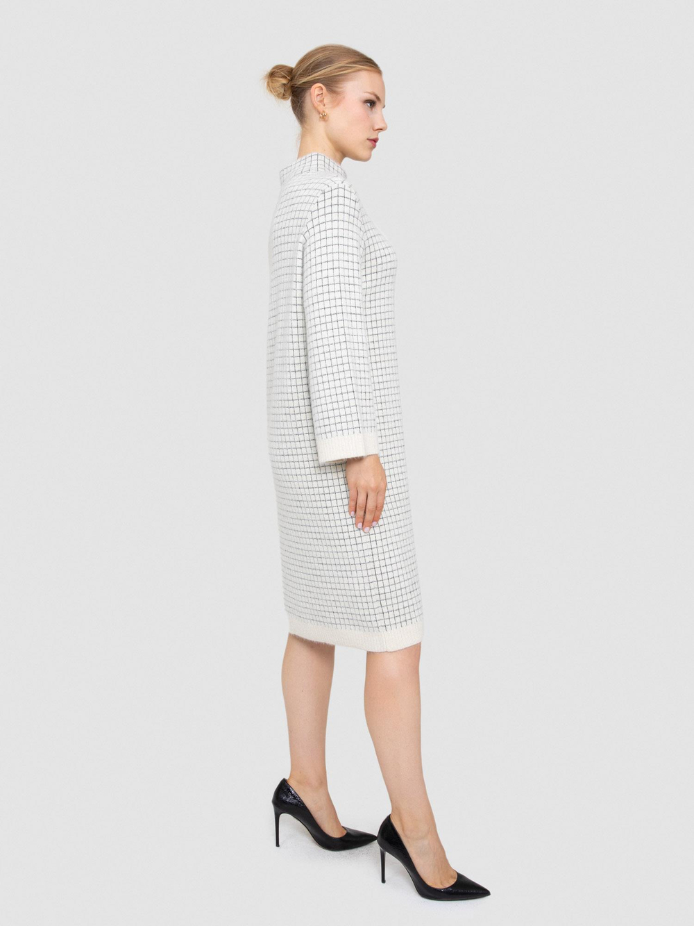 Square Pattern Brushed-Effect High Neck Dress with Metallic Thread ELB8462KEMIK