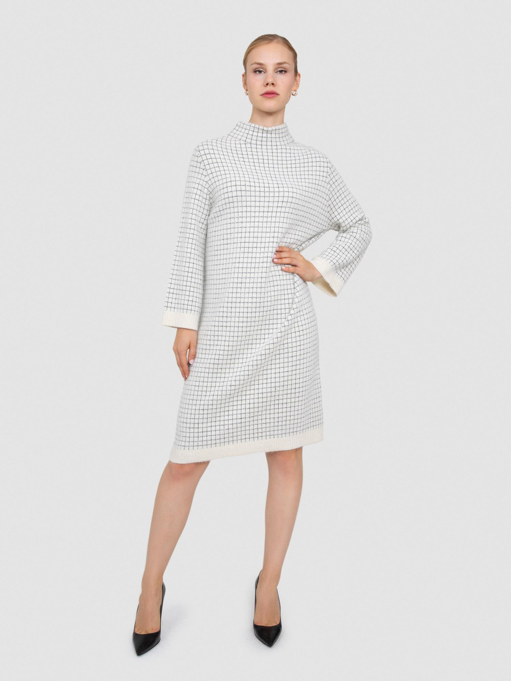 Square Pattern Brushed-Effect High Neck Dress with Metallic Thread ELB8462KEMIK